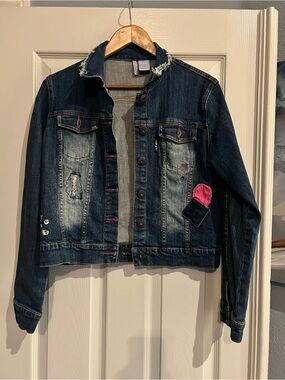Dark Wash Denim Jacket with Pink Patch Detail